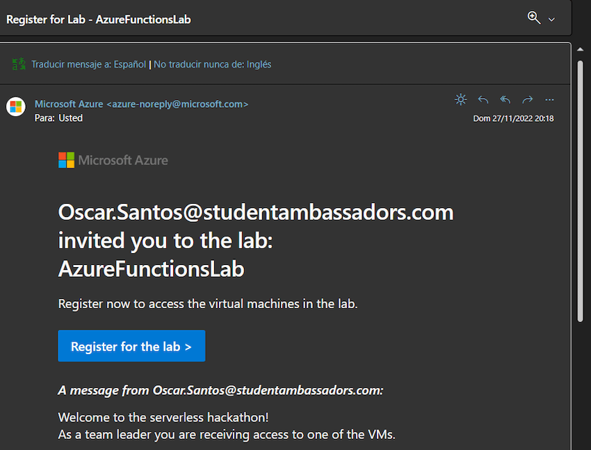 example email received after invitation